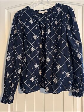 LOFT Navy Blue Long-Sleeve Floral Grid Blouse